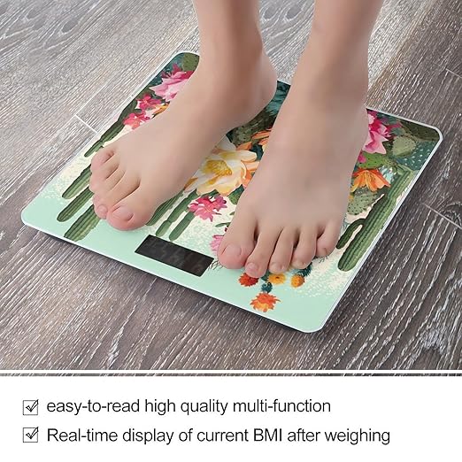 Digital Bathroom Scale for Body Weight Scale with Bright LCD Display High Accuracy Step-On Technology Auto On/Off Summer Floral Cactus Digital Scales 400 Lbs /180kg