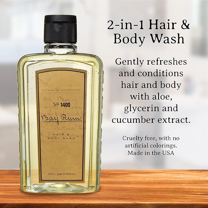 C.O. Bigelow Bay Rum Hair &amp Body Wash for Men Pack of 2 Citrus Spice Scented Men's 2 in 1 Shampoo &amp Body Wash with Aloe Vera 10 Fl Oz