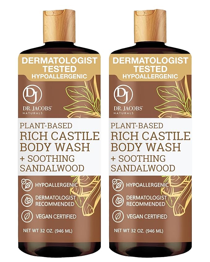 Dr. Jacobs Naturals Pure Castile Soap Liquid Body Wash Sandalwood - Plant Based Soap Infused with Vitamin E and Aloe Vera to Moisturize Dry and Sensitive Skin - Made in the USA - 32 oz Pack of 2