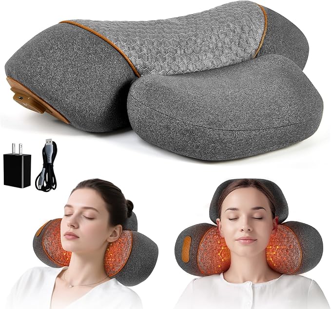 3-in-1 Rechargeable Neck Massager Pillow with Heat Vibration &amp Traction Deep Tissue Pain Relief Neck Hump Corrector &amp Cervical Support for Home Office Travel (Gray)