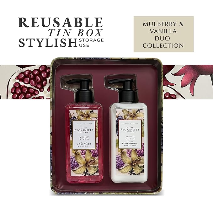 Pecksniff's Body Care Duo Tin Box – Wildwood Mulberry &amp Vanilla 300ml Body Wash and 300ml Body Lotion Gift Set Luxury Skincare Collection with Reusable Tin Moisturizing &amp Nourishing for Dail