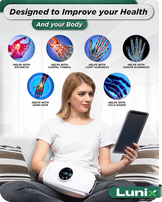 Lunix LX7 FSA Carpal Tunnel &amp Wrist Pain Relief Device Heated Air Compression Hand Massager for Arthritis Mothers Day Gifts for Women &amp Mom Touchscreen Lunar White