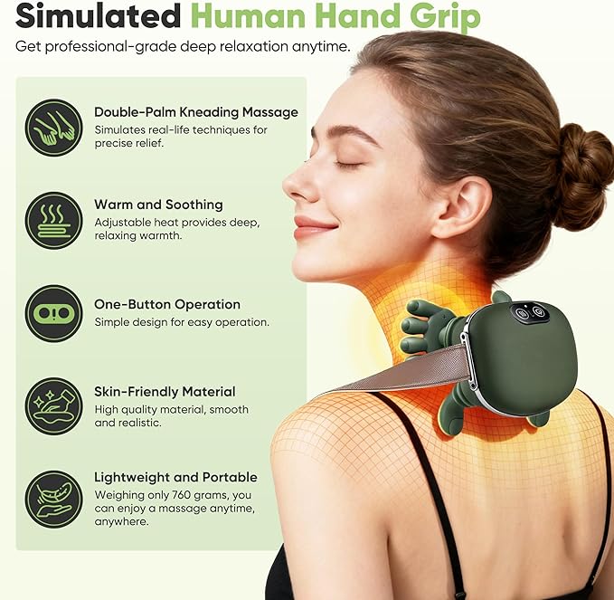 Shoulder and Neck Massager Bionic Heated Massager Neck Massager with Fingers 4D Kneading Massage Simulates a Real Palm Massage for Comfort Relax Muscle Tension (Green)