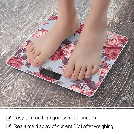 Red Roses Floral Scale for Body Weight Anti-Slip Sturdy Tempered Glass Weighing Machine Highly Digital Accurate Bright LCD Bathroom Scale for Household Gift