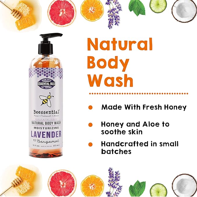 Beessential Natural Body Wash Lavender Sulfate-Free Bath and Shower Gel with Essential Oils for Men &amp Women 16 oz