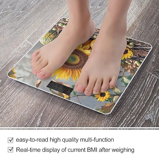 Fall Pumpkin Sunflower Bathroom Scale for Body Weight Bathroom Weighing Scales with Back Lit LED Display Sturdy Tempered Glass Body Weight Bathroom Scale 400lb Weighing