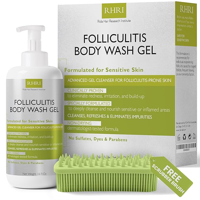 Folliculitis Treatment Folliculitis Body Wash Sensitive Skin | Gel Cleanser for Redness &amp Irritation with No Sulfates Dyes or Parabens | Body Wash Includes Bonus Scrubber Brush