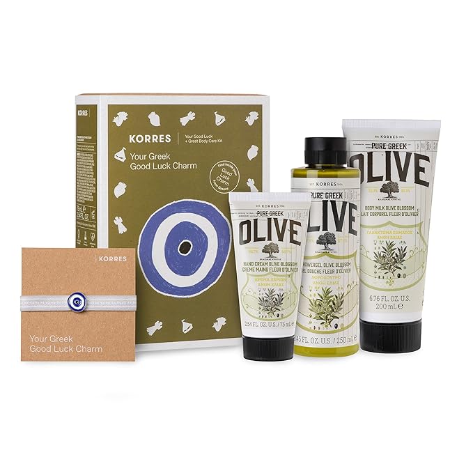 KORRES Body Care Collection Pure Greek Olive Oil Shower Gel Body Lotion and Hand Cream Moisturizer for Dry Skin Moisturizing and Hydrating for Smooth Supple Skin Olive Blossom 3 Piece Gift Set