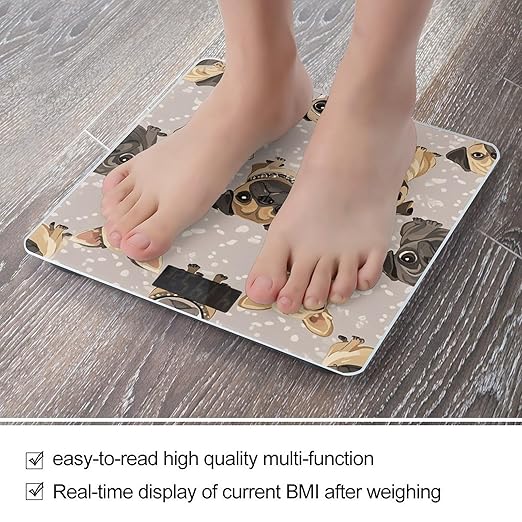 Cute Chihuahua Pug Pattern Bathroom Scale for Body Weight Bathroom Digital Electronic Weighing Scale with Back Lit LED Display Sturdy Tempered Glass Weight Watchers Scales 400lb