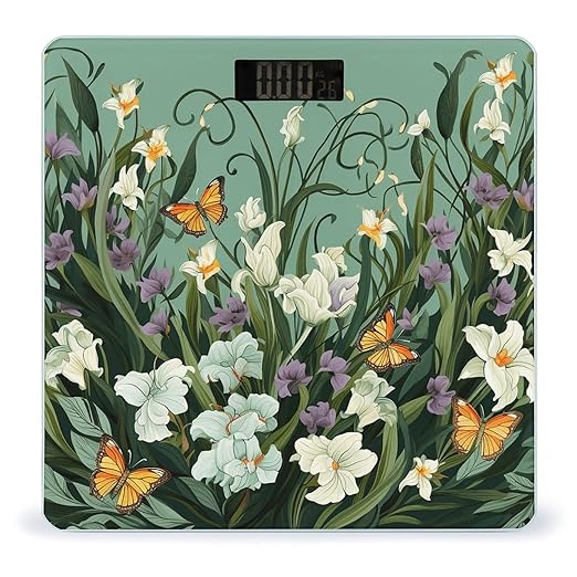 Flowers and Butterflies on Green Background Scale for Body Weight Highly Accurate Digital Bathroom Scale Sturdy Tempered Glass Weighing Scales with LCD Display Fashion Body Fat Smart Scales 400lb