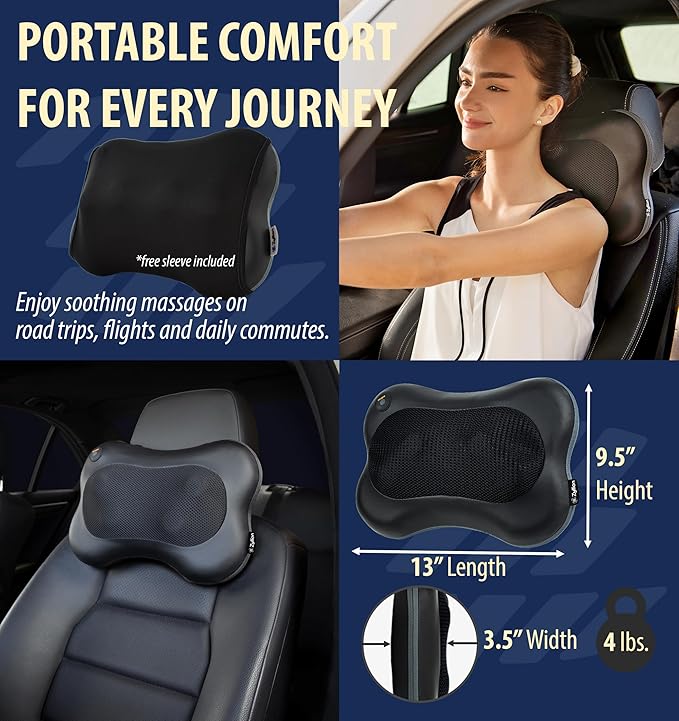 Zyllion Shiatsu Back and Neck Massager with Heat - Cordless Rechargeable 3D Electric Kneading Deep Tissue Massage Pillow for Muscle Pain Relief Black ZMA-13RB