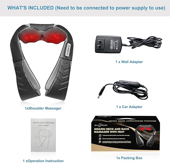 Shiatsu Neck and Back Massager Electric Shoulder Massager with Heat Deep Tissue Kneading Massage for Pain Relief Idea Gifts (NOT Cordless)