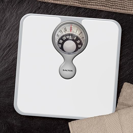 Salter 484 WHDR Mechanical Bathroom Scale – Premium Body Weight Scale Personal Analogue Scale Large Magnifying Lens 133 KG Max Capacity Monochrome Design No Batteries Required White