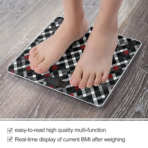 Checkered Rhombus Pattern Bathroom Scale for Body Weight Bathroom Weighing Scale with Backlit LCD Display Highly Accurate Measures Weight Up to 180kg
