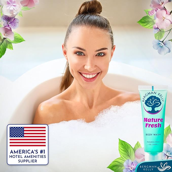 BERGMAN KELLY Travel Size Body Wash (1 fl oz 100 PK Nature Fresh) Delight Your Guests with a Refreshing &amp Soothing Hotel Body Wash Quality Mini and Small Size Guest Hotel Toiletries in Bulk