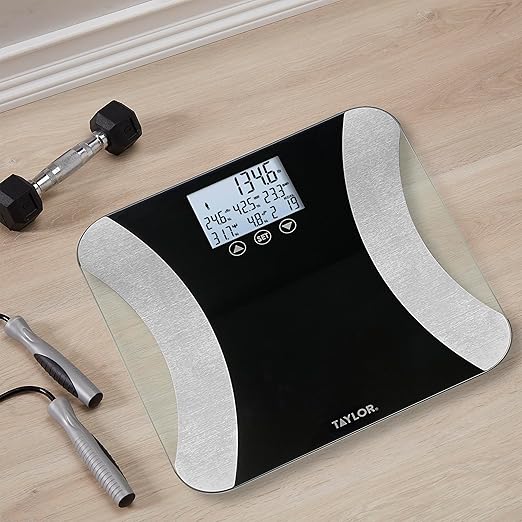 Taylor Digital Glass Body Composition Scale - Measures Body Fat Water Muscle Mass - Athlete Mode 8-User Recognition 500 lb Capacity Black