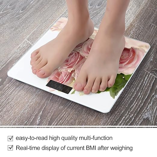 Pink Roses Scale for Body Weight Anti-Slip Tempered Glass Digital Bathroom Scales Clear LCD Display Weighing Scale Safe Rounded Corners Smart Scales