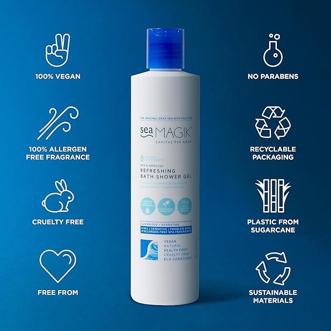 Sea Magik Refreshing Bath Shower Gel 10.14oz/ 300ml with Dead Sea Salt Organic Seaweed and Plant extracts /100% Vegan/Sustainable Packaging