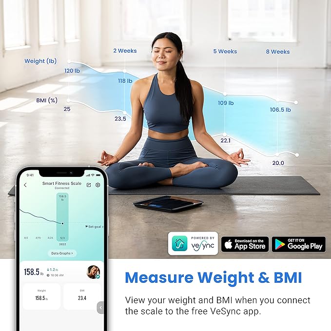 Etekcity Smart Scale for Body Weight and BMI Bathroom Digital Electronic Weighing Scale for People Bluetooth Free VeSync APP Connection Rounded Corner Accurate to 0.1lb/0.05kg 400 lbs Black