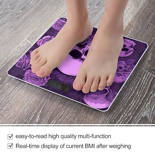 Purple Skulls and Roses Scale for Body Weight High Precision Digital Weight Scales with LCD Display Anti-Slip Sturdy Slim Tempered Glass Bathroom Scale for Home Use
