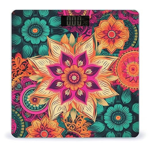 Boho Mandala Colorful Flowers Scale with LCD Precision Weighing Scales Sturdy Tempered Glass Weight Scales Easy-to-Read Anti-Slip Weight Digital Bathroom Scale for Daily