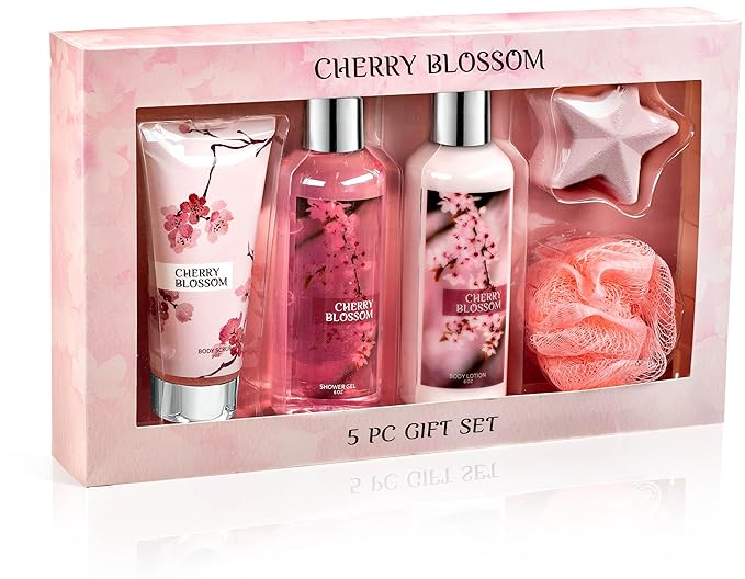 Fragrance Bath &amp Body Collection Gift Box Includes Shower Gel Body Lotion Body Scrub Bath Bomb &amp Sponge (Cherry Blossom) – Mother's Day Gift for Mom