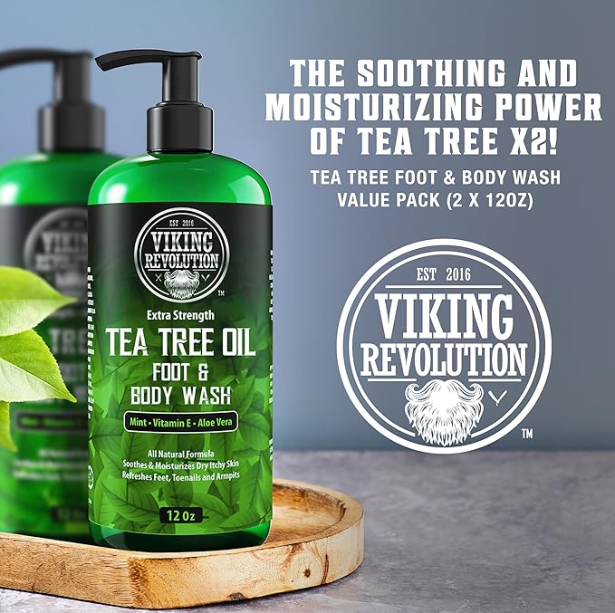Viking Revolution Tea Tree Oil Body Wash Soap for Men - Helps Athlete's Foot Toenail Jock Itch Eczema Ringworm &amp Body Odors - Extra Strength Men's Body Wash (2 Pack)