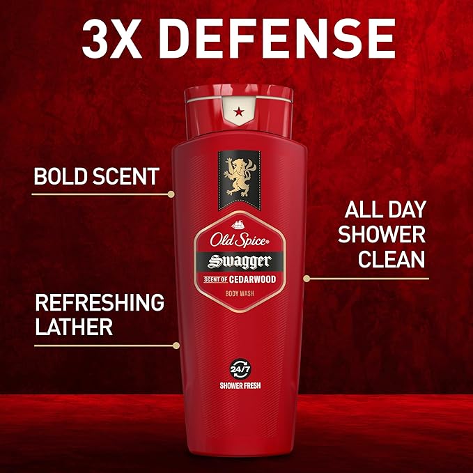 Old Spice Refreshing Body Wash for Men 3X Defense 24/7 Shower Fresh with Long Lasting Scent Red Collection Swagger with Cedarwood Scent 16 oz (Pack of 4)