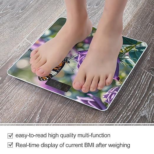 Purple Rose with Beautiful Butterfly Bathroom Scale for Body Weight Bathroom Weighing Scales with Back Lit LED Display Sturdy Tempered Glass Body Weight Bathroom Scale 400lb Weighing