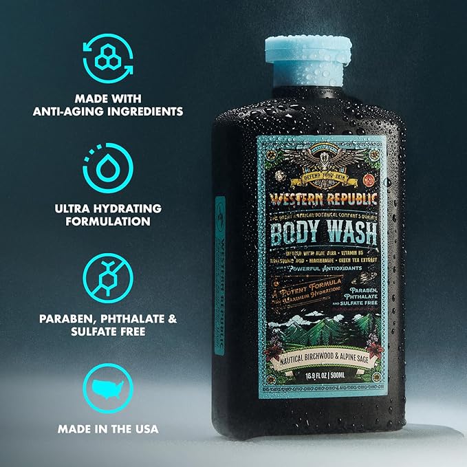 Men's Body Wash | Nautical Birchwood &amp Alpine Sage and Aviator's Eucalyptus &amp Fresh Citrus | Hydrating &amp Anti-Aging Formula with Aloe Niacinamide &amp Hyaluronic Acid (2 Pack) | Made in