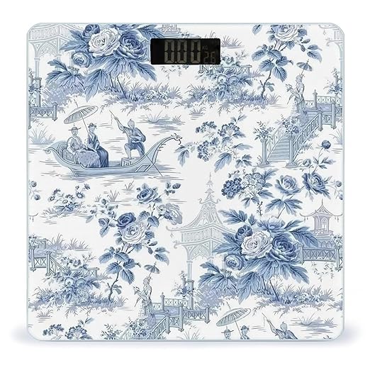 Japenese Style Blue Chinoiserie Landscape Painting Smart Square Scale with Digital Display for Bathroom Scale