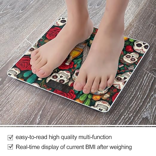 Women's Digital Bathroom Weighing Scale Automatic Switch Energy Saving Scale Smart Scale For Body Weight Vintage Day of Dead Sugar Skulls Rose Flowers Cactus