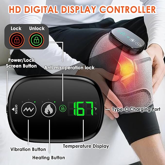 Cordless Knee Massager with Heat and Vibration 3-in-1 Heating Pad for Knee Shoulder and Elbow 5000mAh Battery Portable Touchscreen Control for Pain Relief