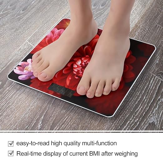Red Beautiful Flower Weight Scale Digital Electronic Scales Bathroom Scale Larg LCD Backlight Display High Precisio MeasurementsTempered Glass