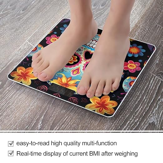 Sugar Skulls Scale with LCD Precision Weighing Scales Sturdy Tempered Glass Weight Scales Easy-to-Read Anti-Slip Weight Digital Bathroom Scale for Daily