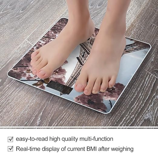 Eiffel Tower Blossoms Scale for Body Weight Anti-Slip Tempered Glass Digital Bathroom Scales Clear LCD Display Weighing Scale Safe Rounded Corners Smart Scales