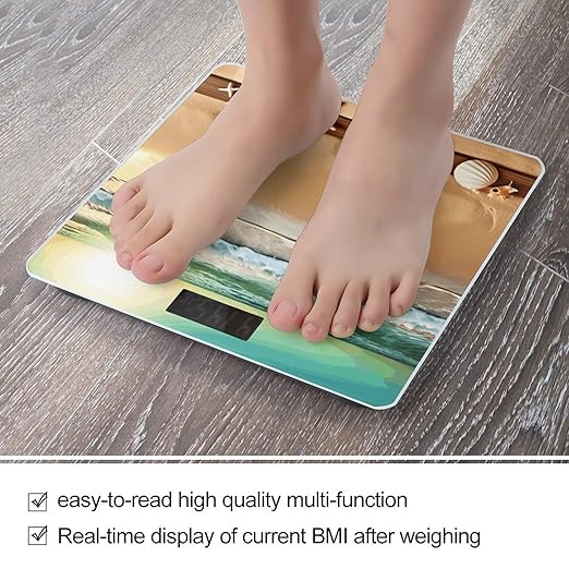 Ocean Beach Theme Weight ScaleClear LED Display Bathroom Digital Weighing ScaleTempered Glass Digital Bathroom Scale for Body Weight Capacity Up to 400 Lbs
