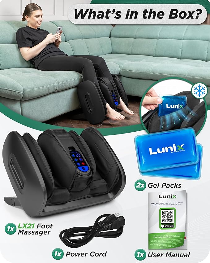 Lunix LX21 FSA Foot and Calf Massager with Remote Neuropathy &amp Plantar Fasciitis Relief Adjustable Leg Ankle Deep Kneading Shiatsu Therapy Blood Circulation Hot Cold Pockets Granite Black