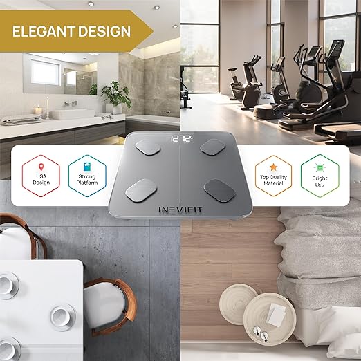 INEVIFIT Smart Body Fat Scale Highly Accurate Bluetooth Digital Bathroom Body Composition Analyzer Measures Weight Body Fat Water Muscle Visceral Fat &amp Bone Mass for Unlimited Users (Eco-SIL