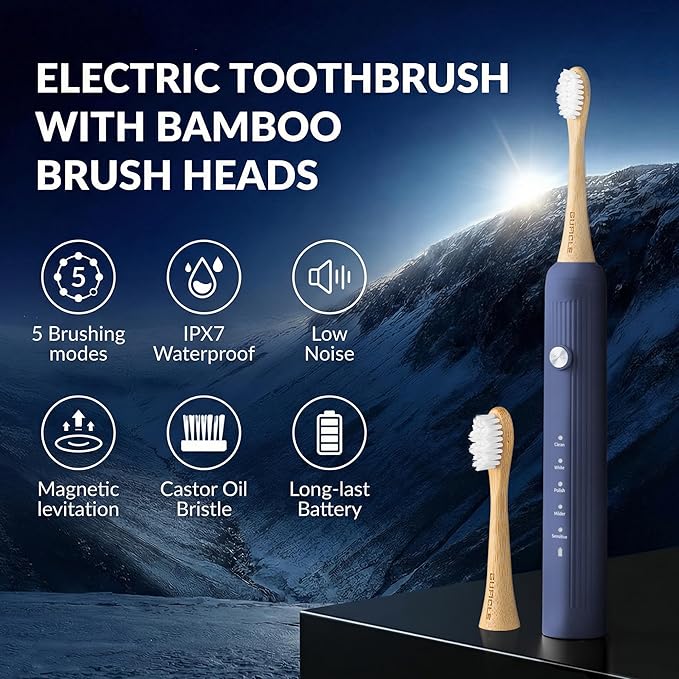 Bamboo Electric Toothbrush for AdultsSonic Electric Toothbrush with 4 Bamboo Heads Soft Castor Oil Bristles 5 Modes Smart Timer Sonic Technology IPX7 Waterproof 70-Day Battery Life-Navy
