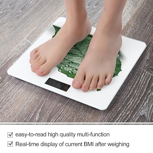 There is Water on The Leaves Scale for Body Weight Anti-Slip Tempered Glass Digital Bathroom Scales Clear LCD Display Weighing Scale Safe Rounded Corners Smart Scales