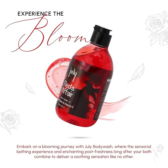 July Reds Affair Body Wash 300ml British Rose Vitamin E with Moisturizer Long Lasting Fragrance Exfoliating Shower Gel Nourishing Body Wash for Women &amp Men