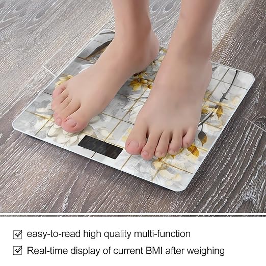 Beige Flower Bud Pattern Scale for Body Weight Accurate Digital Bathroom Scale Toughened Glass High Precision Scales Smart Weight Scales with Large LCD Backlight Display Weighing Machine