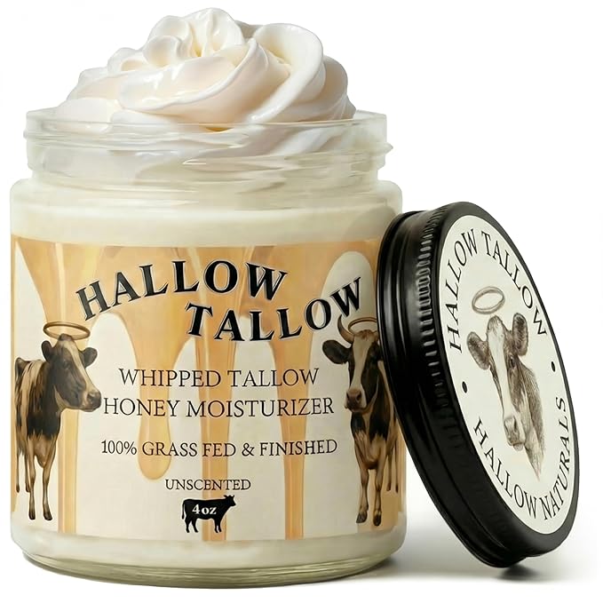 Hallow Tallow Whipped Beef Tallow Moisturizer – 100% Grass-Fed &amp Finished Tallow Balm with Manuka Honey Jojoba &amp Olive Oil Calendula Extract – Natural Hydrating Face &amp Body Cream 4oz