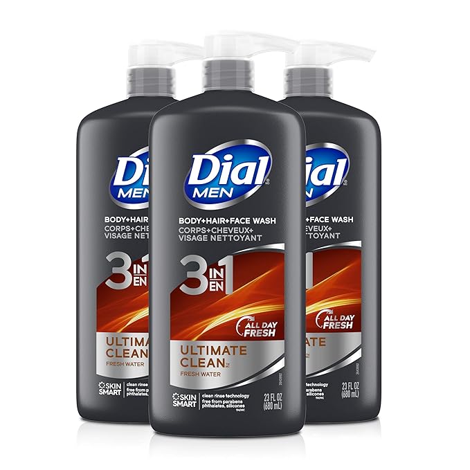 Dial Men 3in1 Body Hair and Face Wash Ultimate Clean 69 fl oz (3-23 fl oz Bottles) &amp Men 3in1 Body Hair and Face Wash Recharge 69 fl oz (3-23 fl oz Bottles)