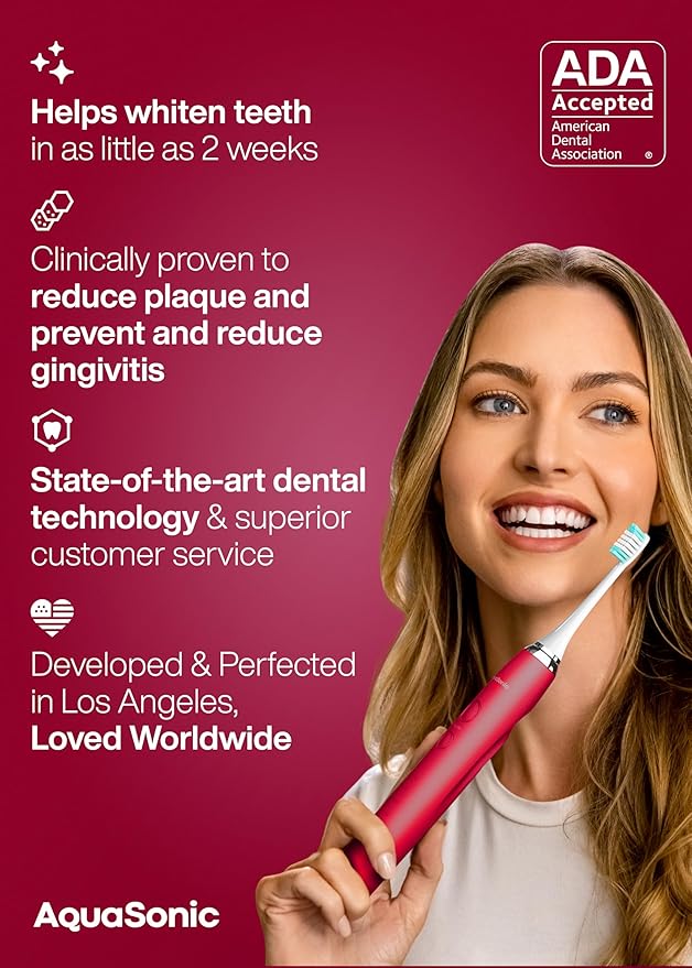 Aquasonic Vibe Series Ultra-Whitening Toothbrush – ADA Accepted Electric Toothbrush - 8 Brush Heads &amp Travel Case – 40000 VPM Motor &amp Wireless Charging - 4 Modes w Smart Timer – Ruby