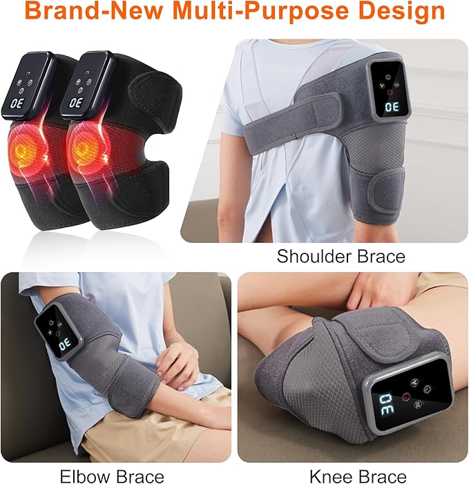 Knee Massager Cordless with Heat for Pain Relief Electric Heated Knee Brace - Knee Heating Pad with 6 Heat Levels &amp 9 Vibration Warm Gifts for Men Women Dad Mom (Grey Pair)