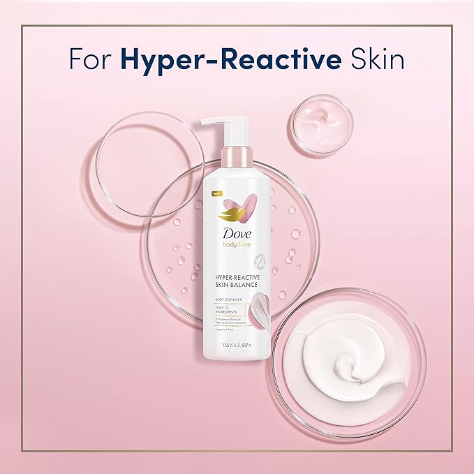 Dove Body Love Body Cleanser Reaction-Prone Skin 3 Count Hyper-Reactive Skin Balance for Ultra-Sensitive Fragrance Free Body Wash with Only 12 Ingredients 17.5 oz