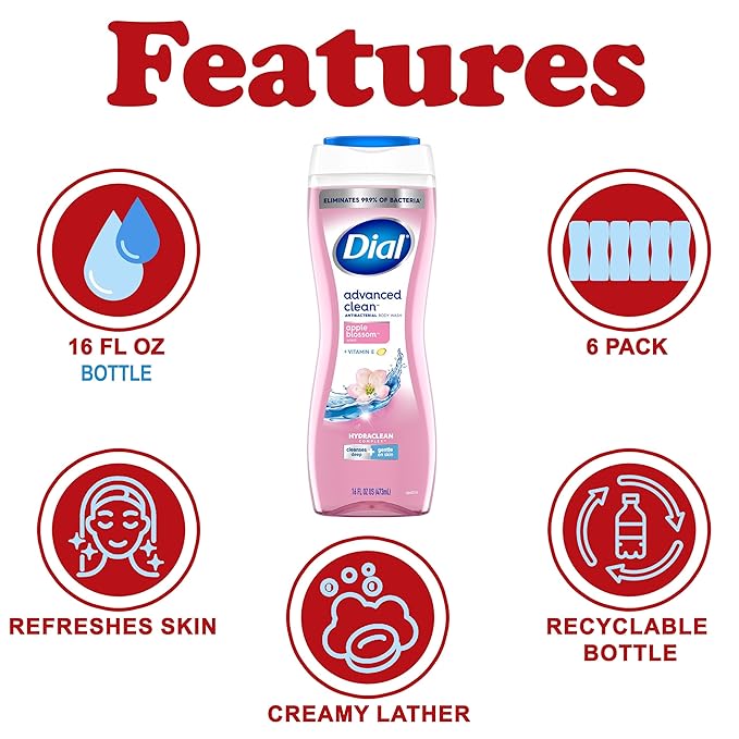 Dial Body Wash 6 Pack Apple Blossom Scent Hydrating and Moisturizing Deep Cleaning Women's Body Wash with Vitamin E for Dry Skin 16 oz. Each