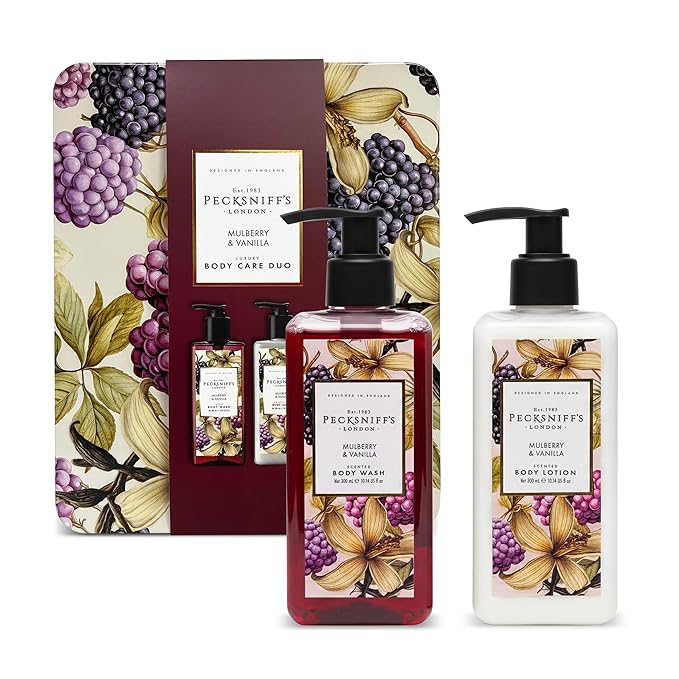 Pecksniff's Body Care Duo Tin Box – Wildwood Mulberry &amp Vanilla 300ml Body Wash and 300ml Body Lotion Gift Set Luxury Skincare Collection with Reusable Tin Moisturizing &amp Nourishing for Dail